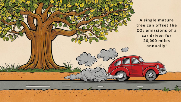 Single tree on a highway offsetting 26,000 miles of car CO₂ emissions, absorbing pollution and reducing carbon footprint.