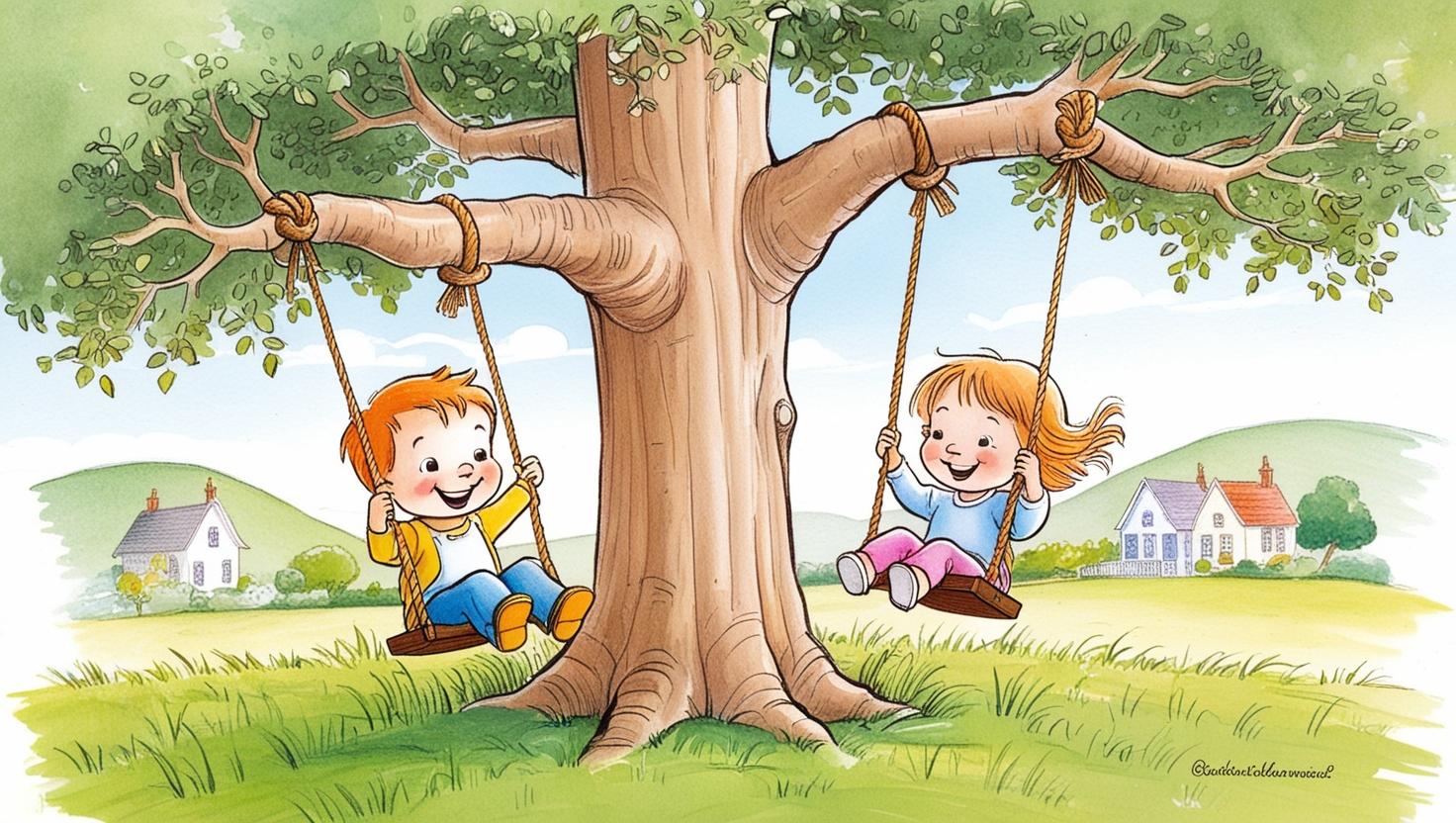 Children playing on a swing tied to a tree branch, laughing under the tree’s shade, symbolizing the joy and benefits of preserving nature.