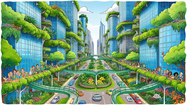 Eco-friendly city with skyscrapers covered in greenery, rooftop gardens, and parks, showcasing urban sustainability and nature integration.