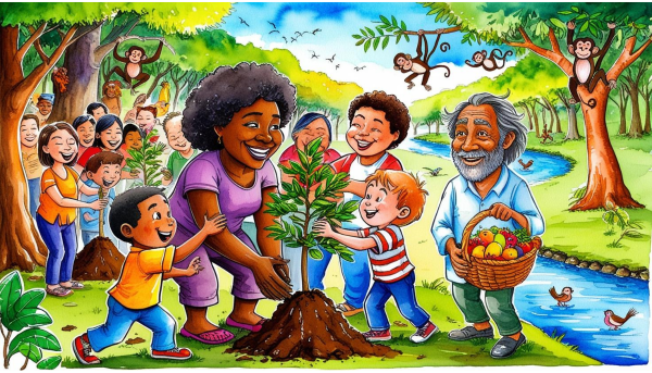 A cartoon illustration of a tree-planting scene with a woman and boy planting a sapling, a man carrying fruits, a lively forest, and a river in the background.