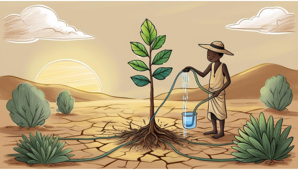 A doodle of a farmer watering a sapling with a drip irrigation system on cracked soil under the sun, symbolizing climate resilience and sustainable farming.