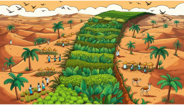 A cartoon aerial view of the Great Green Wall in Africa, with trees crisscrossing the desert, people farming nearby, and wildlife thriving under the greenery.