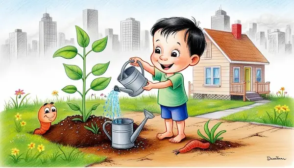 A cartoon of a boy watering a plant near a city with skyscrapers in the background, promoting tree planting in urban areas