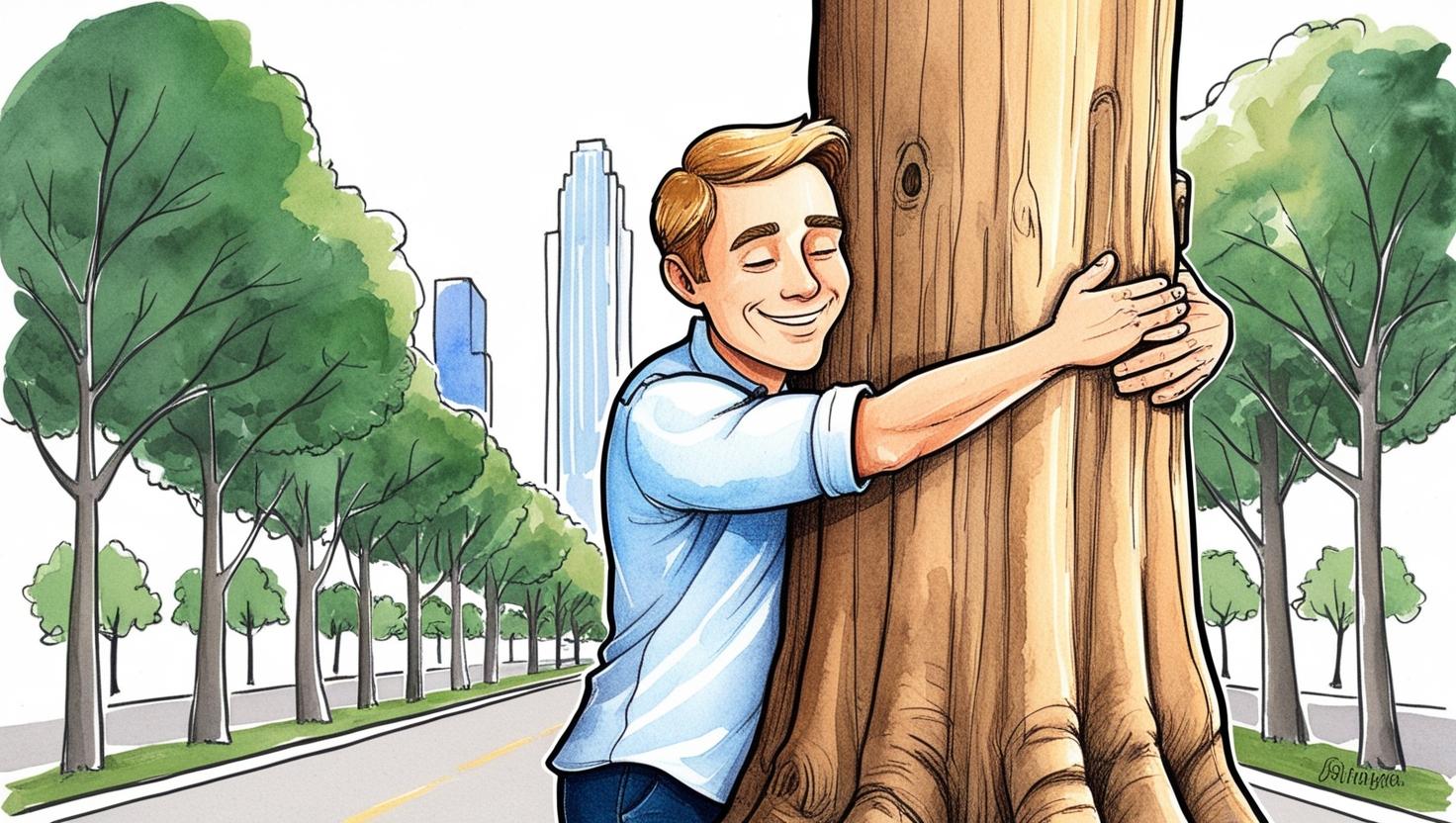 Man hugging a tree on a sunny city street with skyscrapers in the background, symbolizing love for nature and sustainable living in an urban setting