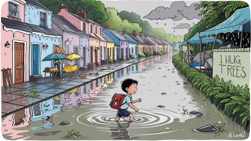 Boy walking through flooded street, emphasizing climate change impacts and the need for trees to combat urban flooding.