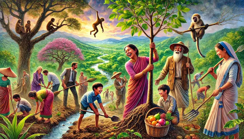 An illustration of people planting trees, featuring a woman and boy with a sapling, a man carrying fruits, lush green forest, and a winding river under a colorful sky.
