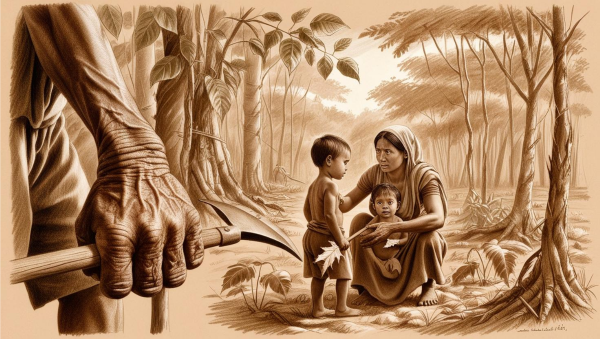 Pencil sketch showing a rural family in a forest clearing—a weathered hand grips an axe, while a mother and child look toward cleared land. Highlights the struggle of 275 million forest-dependent Indians and the impact of a 3.5% tree cover loss between 2001-2020.