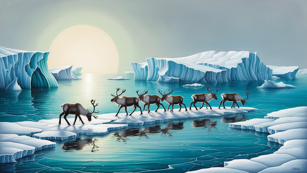 Melting Arctic ice caps, reindeer and caribou on thinning ice, sea level rise and disrupted marine ecosystems.