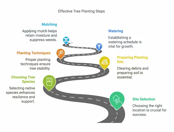 Infographic showing 8 steps for effective tree planting: site selection, choosing native tree species, site preparation, planting techniques, watering, mulching, protection, and maintenance. Includes icons and earthy tones.