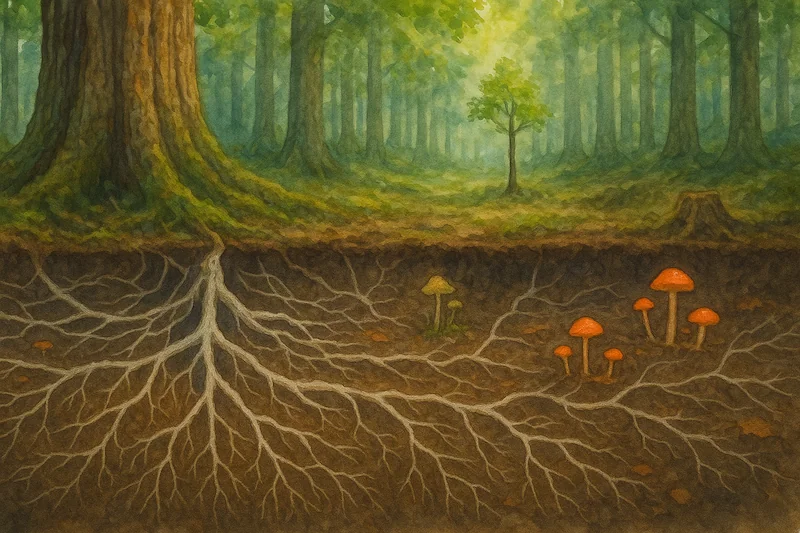 Watercolor painting of a forest with glowing underground fungal threads connecting tree roots, symbolizing the mycorrhizal network.