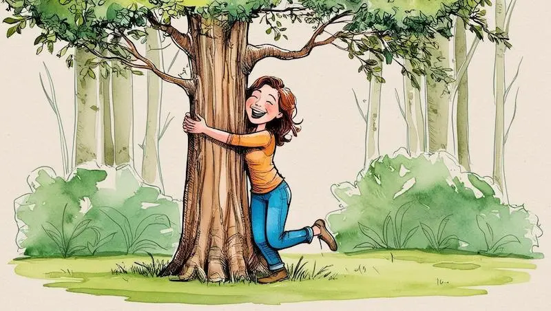 Cartoon of young woman hugging a tree, radiating joy and connection to nature, promoting mindfulness and environmental well-being.