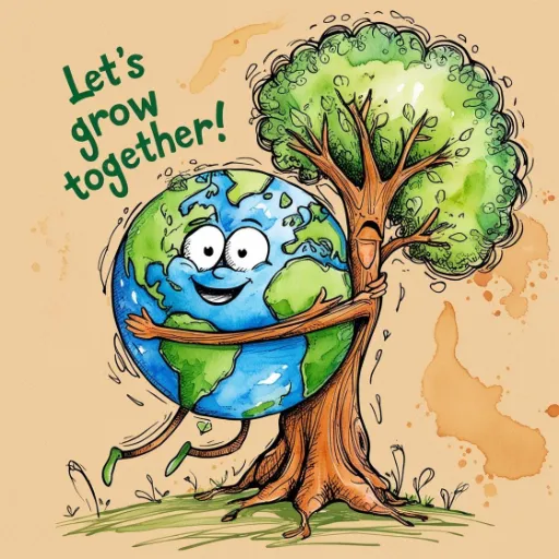 Playful cartoon of Earth hugging a tree, symbolizing harmony with nature and inspiring tree planting and ecosystem protection.