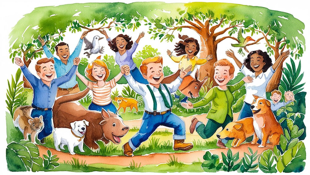 A vibrant illustration of happy employees at I Hug Trees, joyfully engaged in their work. They find deep meaning in tree conservation and environmental protection.