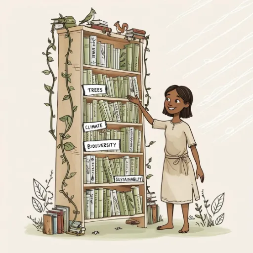 A young girl showing a bookshelf with books on trees, sustainability, climate change, and biodiversity