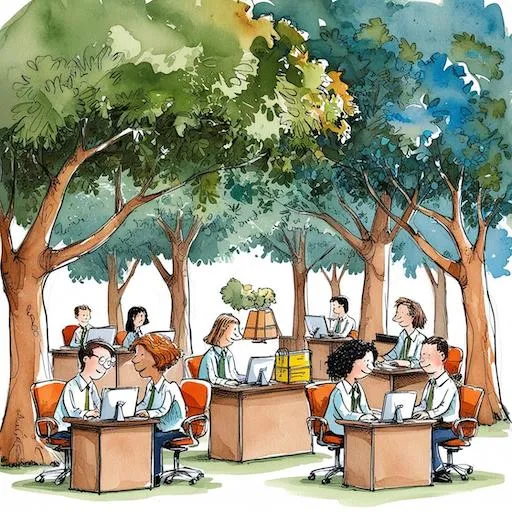 A group of office people working under the shade of trees, fostering harmony with nature.